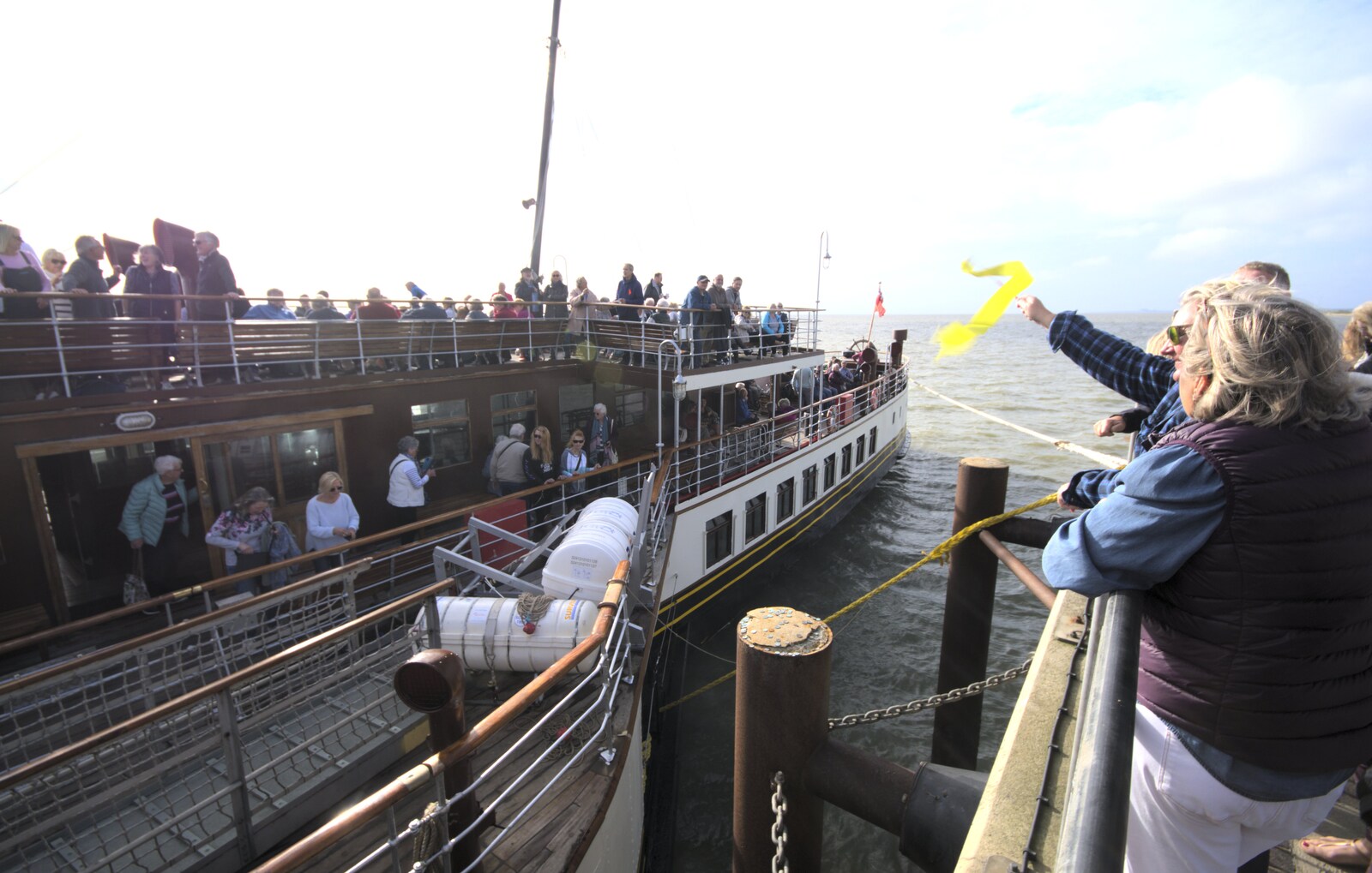 Someone waves a yellow streamer from The Waverley Paddle Steamer at Southwold Pier, Suffolk - 27th September 2023