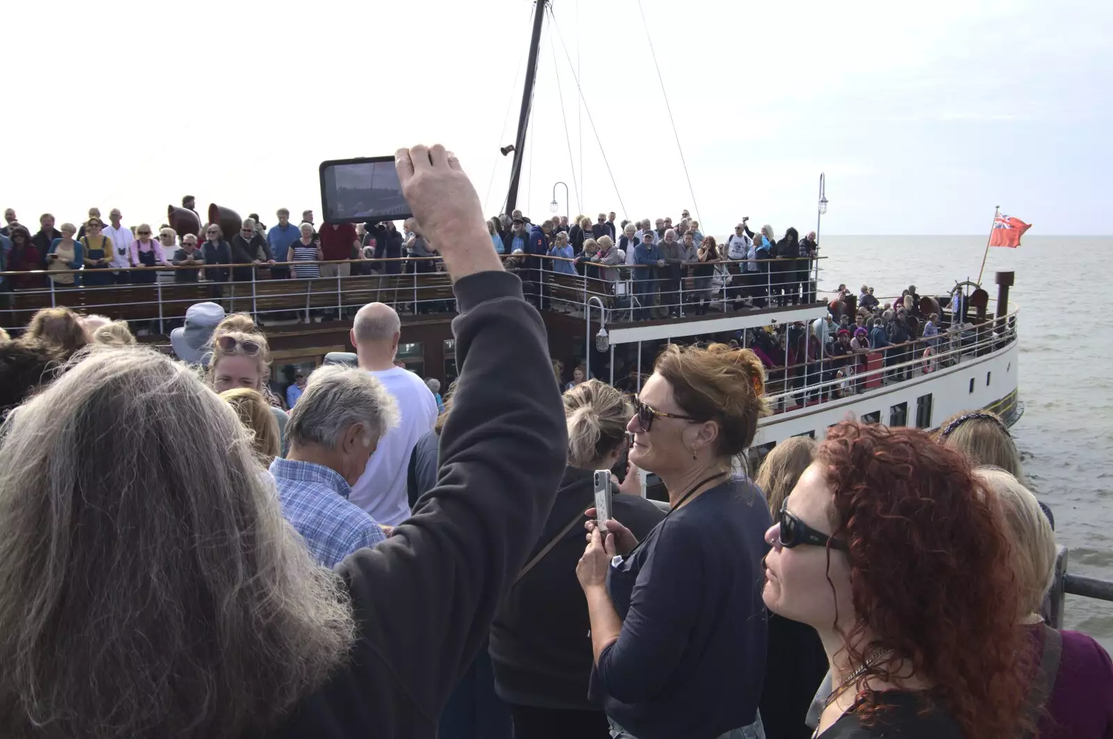 The boat and the pier are packed, from The Waverley Paddle Steamer at Southwold Pier, Suffolk - 27th September 2023