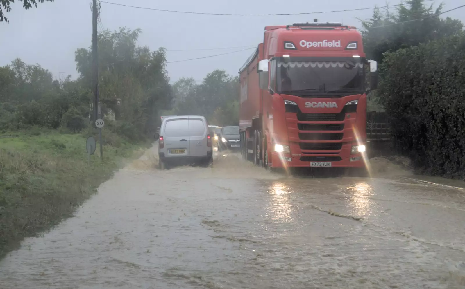 The A143 is a river in places, from Tales From The Floods, Bury St. Edmunds and Walsham Le Willows, Suffolk - 20th October 2023