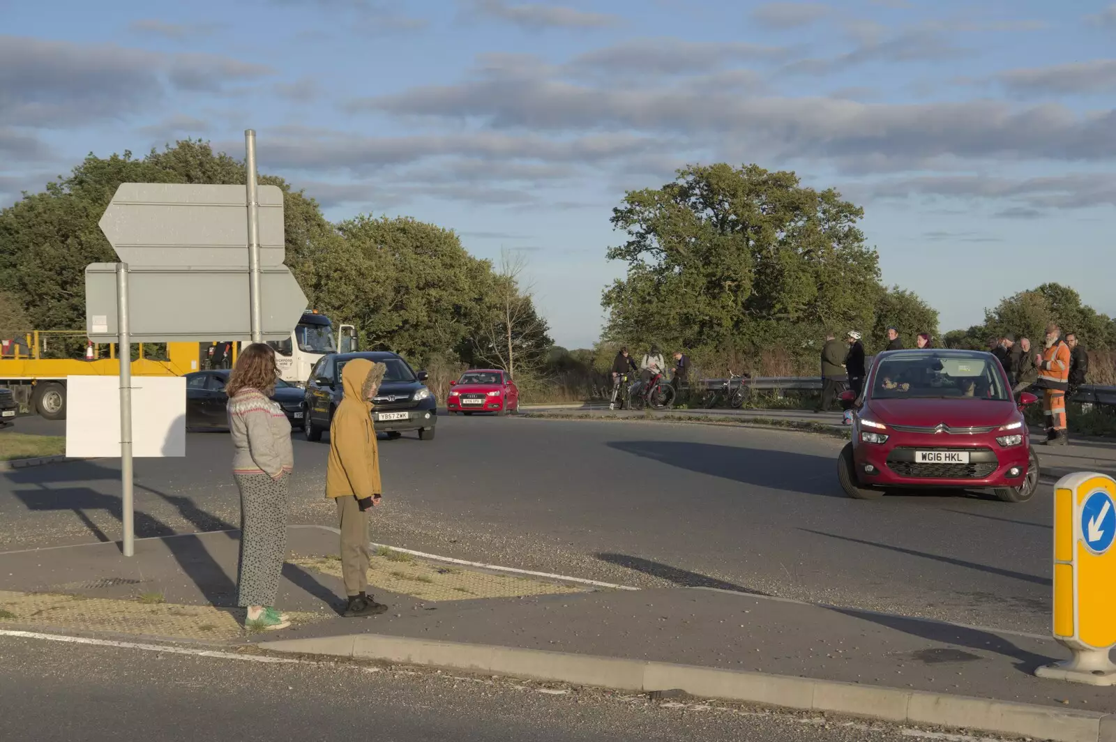 Isobel and Harry stand on a traffic island, from A Giant Load on the A140, Yaxley, Suffolk - 22nd October 2023