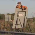 Some dude hangs off a road-closure sign, A Giant Load on the A140, Yaxley, Suffolk - 22nd October 2023