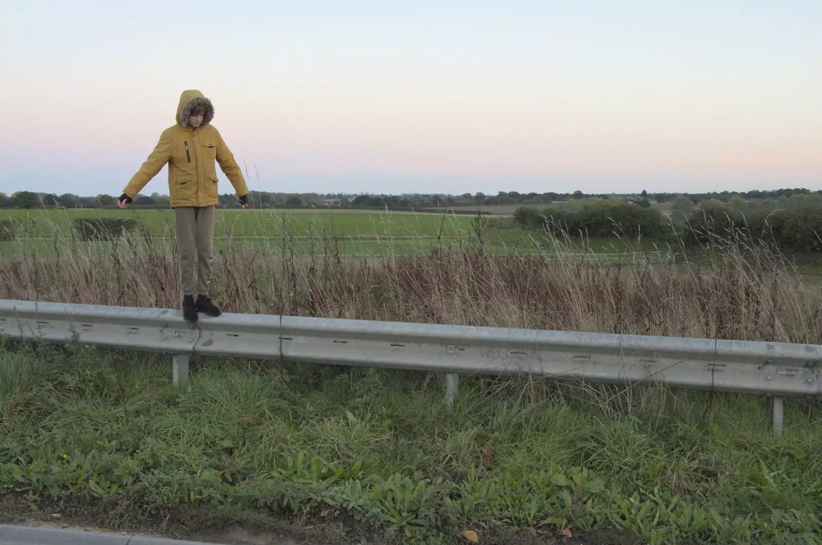 Harry perches on a crash barrier, from A Giant Load on the A140, Yaxley, Suffolk - 22nd October 2023