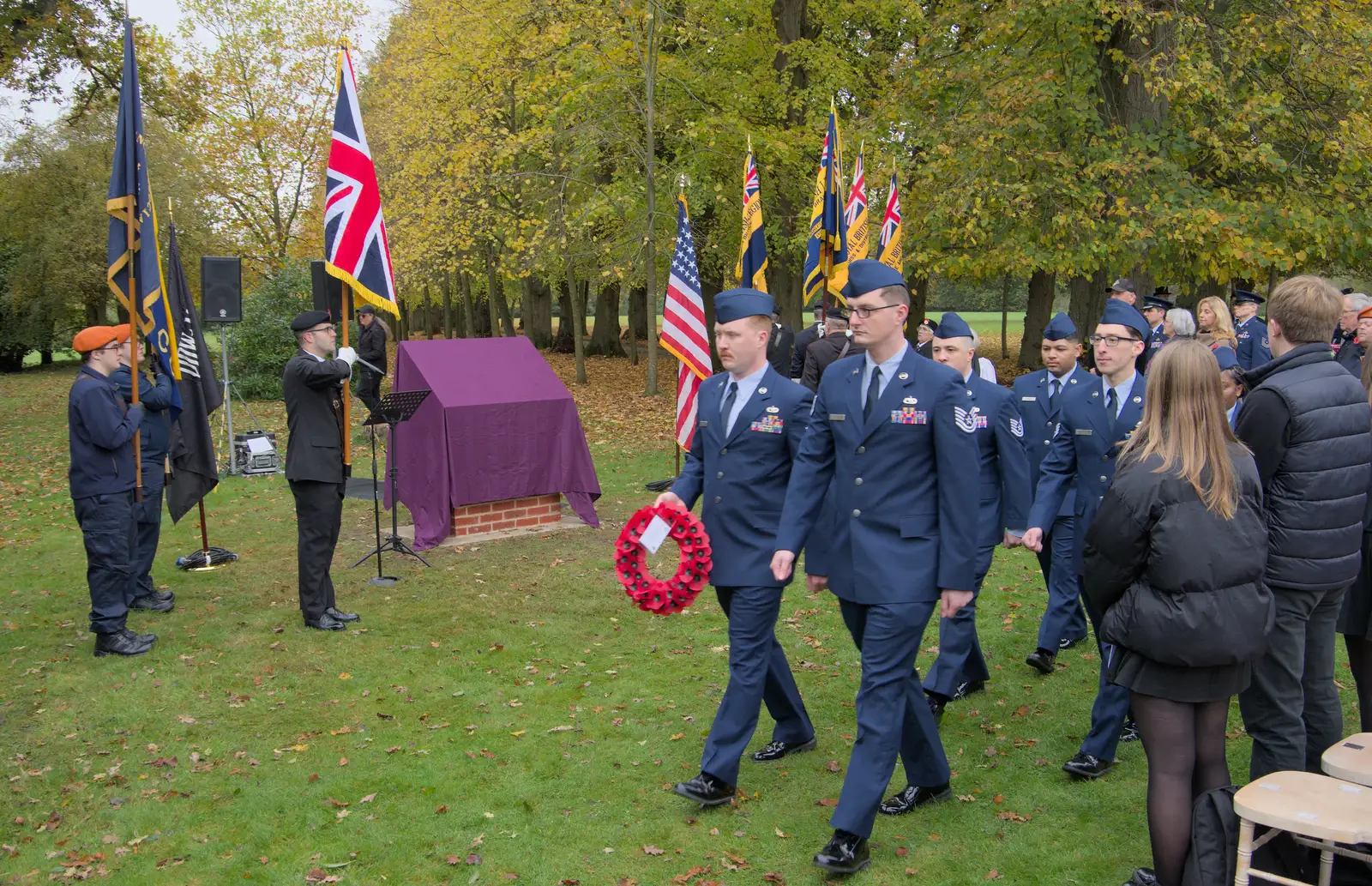 The USAF march up to the memorial, from A B-17 Memorial, The Oaksmere Hotel, Brome, Suffolk - 10th November 2023