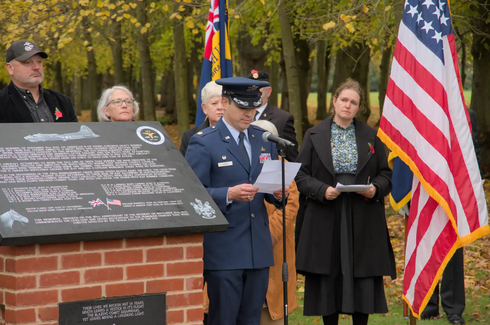 Isobel watches as the servicemen's names are read, from A B-17 Memorial, The Oaksmere Hotel, Brome, Suffolk - 10th November 2023