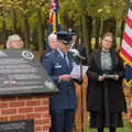 Isobel watches as the servicemen's names are read, A B-17 Memorial, The Oaksmere Hotel, Brome, Suffolk - 10th November 2023