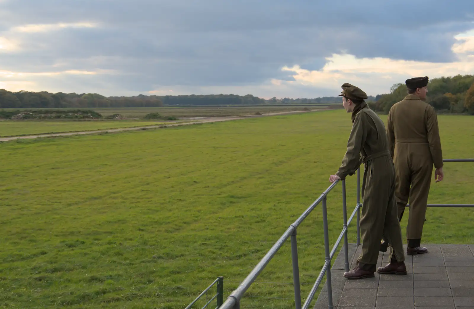 The two airmen look out from the control tower roof, from A B-17 Memorial, The Oaksmere Hotel, Brome, Suffolk - 10th November 2023