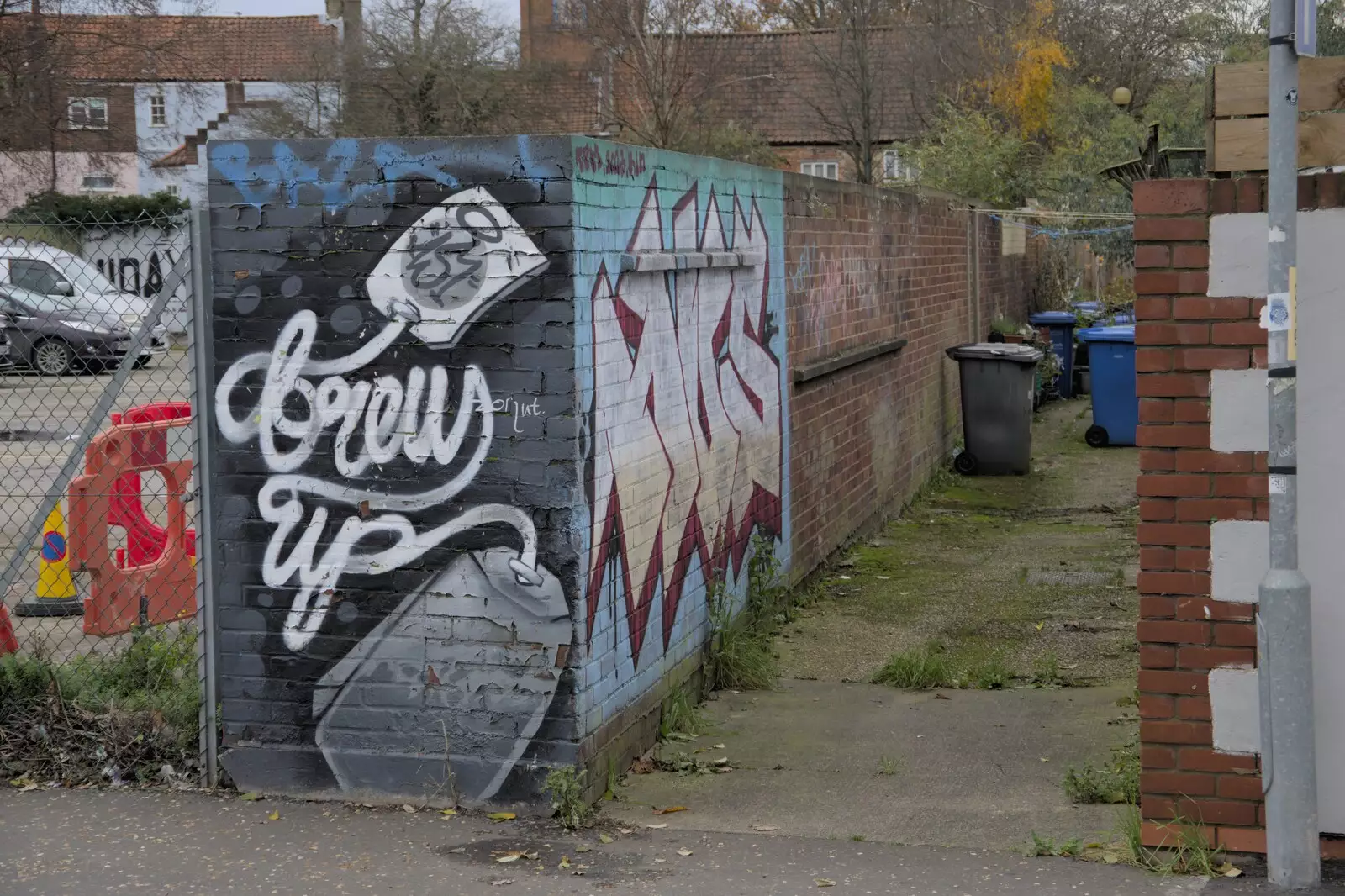 Graffiti on a back alley, with bins, from The Graffiti of HMSO and Anglia Square, Coslany, Norwich - 22nd November 2023