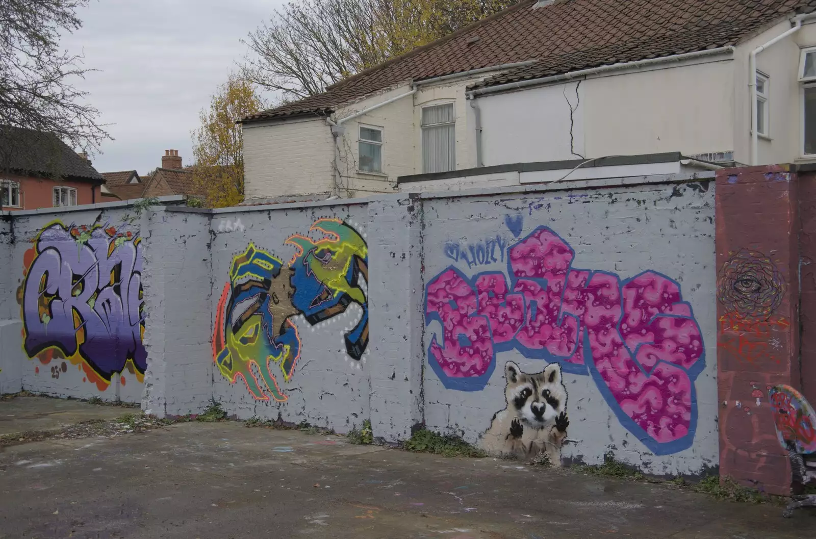 Another group of tags, with an extra raccoon, from The Graffiti of HMSO and Anglia Square, Coslany, Norwich - 22nd November 2023