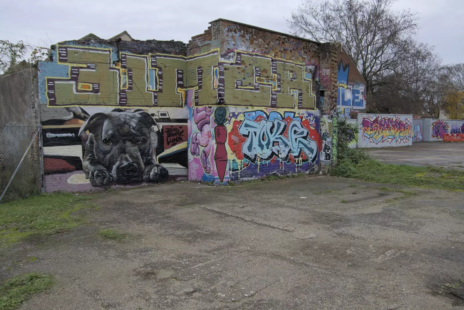 A graffiti dog looks out over the car park, from The Graffiti of HMSO and Anglia Square, Coslany, Norwich - 22nd November 2023