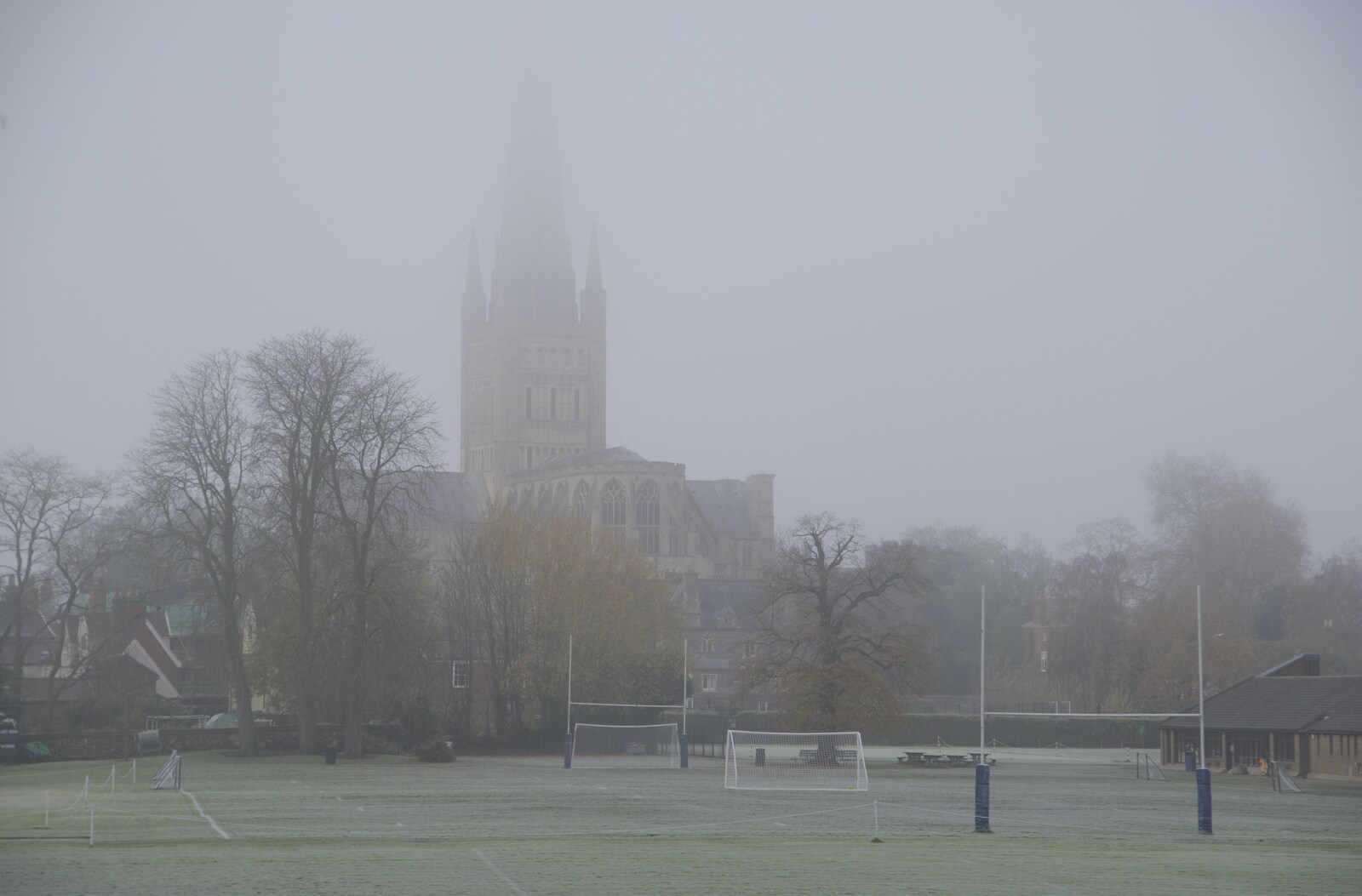 The cathedral behind the grammar school rugby pitch from A Tour of the Cathedral, Norwich, Norfolk - 2nd December 2023