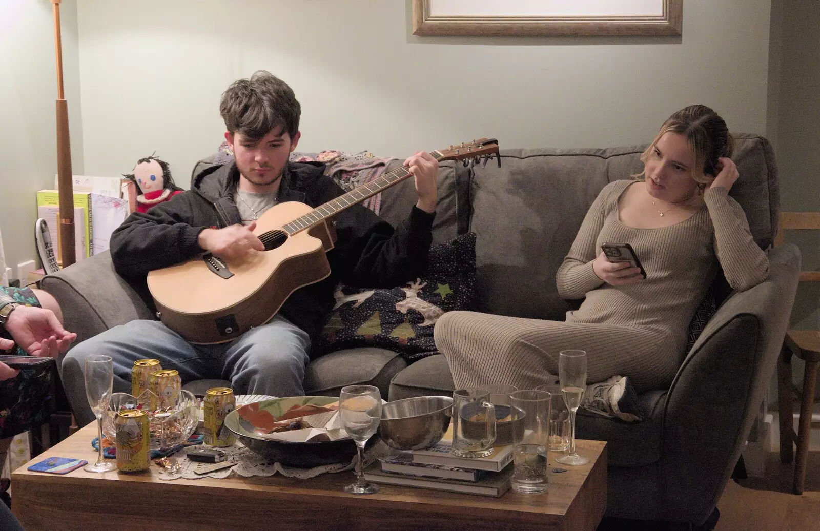 Lewis and Holly do a song, from New Year's Eve and a 50th Park Run, Thornham, Suffolk - 31st December 2023