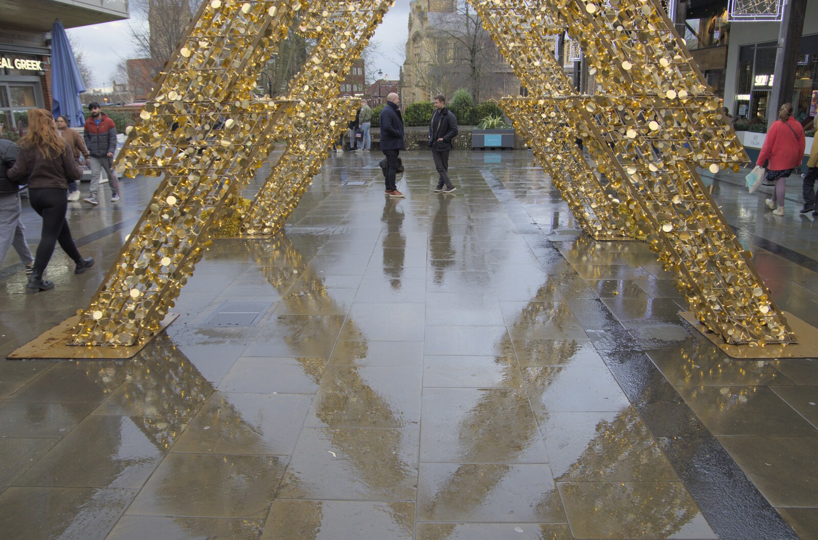 Christmas reflections on wet paving slabs from Norwich Sushi and Pantomime Rehearsals, Occold, Suffolk - 7th January 2024