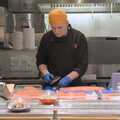A dude in Yo! Sushi slices salmon fillets, Norwich Sushi and Pantomime Rehearsals, Occold, Suffolk - 7th January 2024