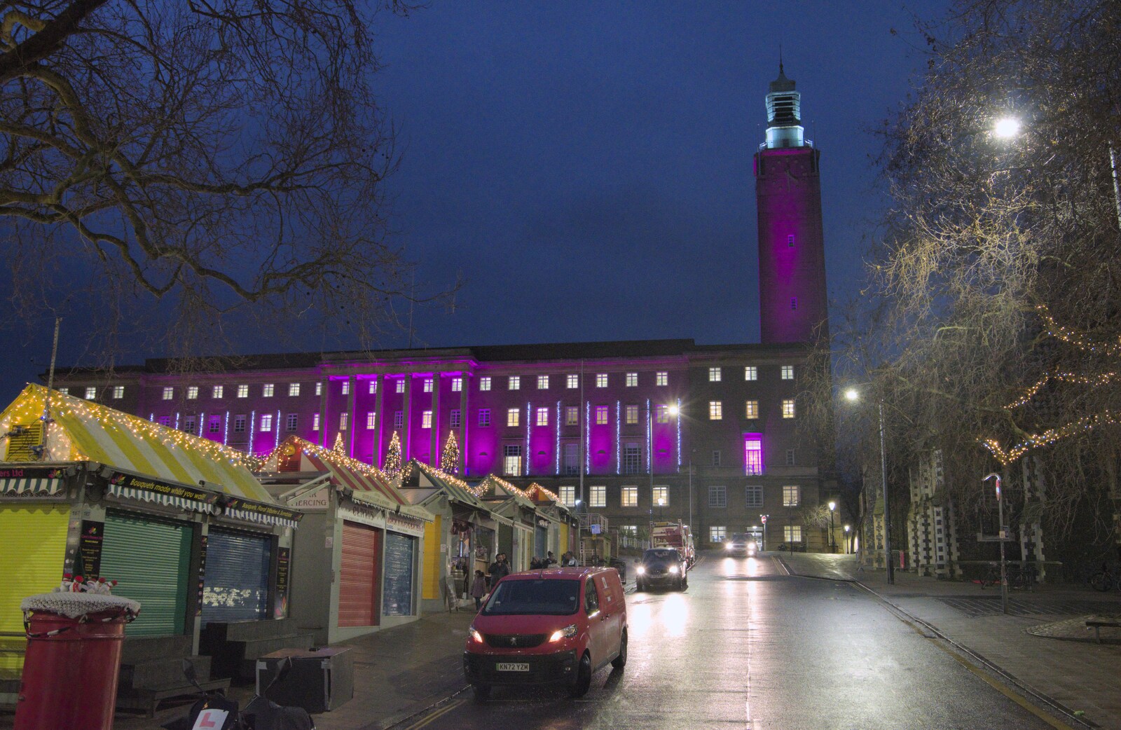 Norwich City Hall is lit up in purple from Norwich Sushi and Pantomime Rehearsals, Occold, Suffolk - 7th January 2024