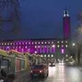 Norwich City Hall is lit up in purple, Norwich Sushi and Pantomime Rehearsals, Occold, Suffolk - 7th January 2024