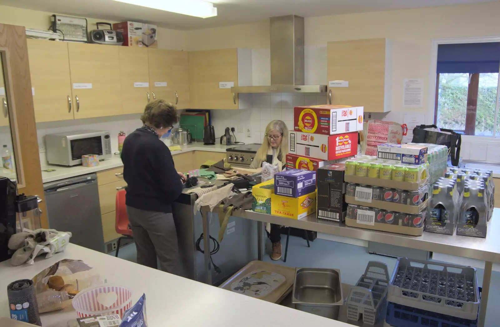 Pinky and Helen set up a kitchen sewing station, from Norwich Sushi and Pantomime Rehearsals, Occold, Suffolk - 7th January 2024