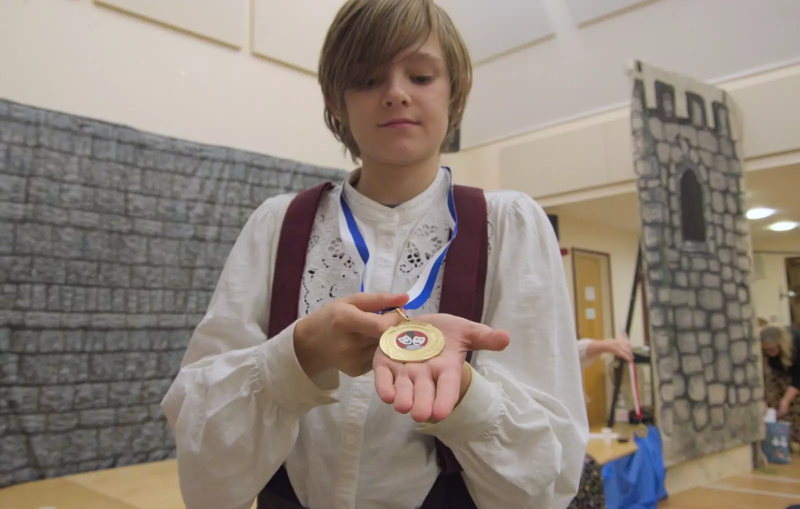 Harry shows off his medal, from The Dove Players do Puss in Boots, Occold, Suffolk - 13th January 2024