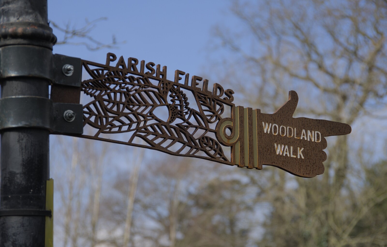 A sign for the Parish Fields woodland walk from Palgrave Player's Wrap Party and a March Miscellany, Suffolk - 6th March 2024