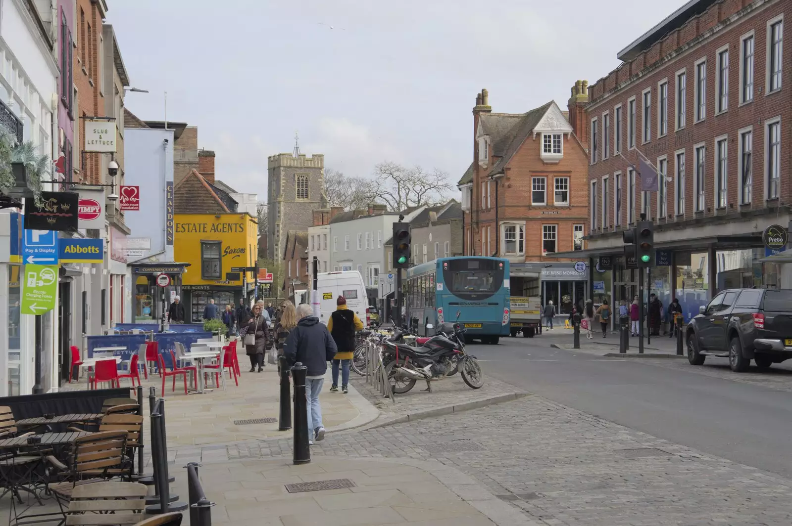 Up at the top end of High Street, from A Cricket Quiz, and a Postcard from Colchester, Essex - 25th March 2024