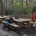Isobel sits down at one of the massive benches, A Return to the Walks, Thornham, Suffolk - 1st April 2024