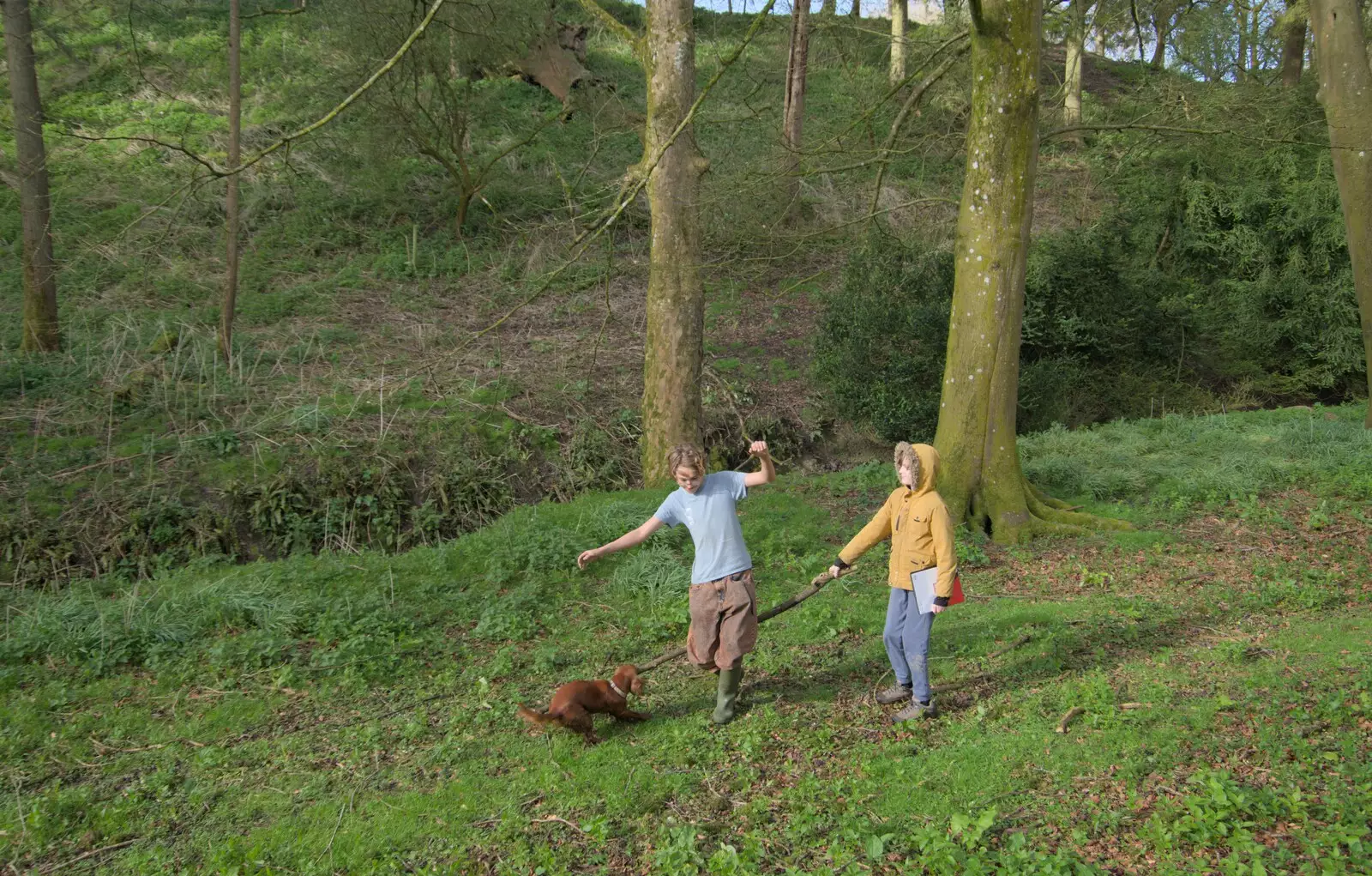 Luna, Elliot and Harry down in the ravine, from A Postcard from Marlborough and a Walk on the Herepath, Avebury, Wiltshire - 8th April 2024