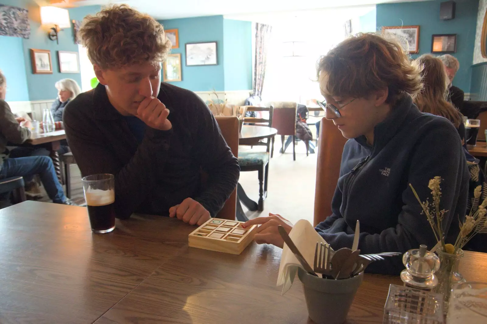 Kai and Elliot play Harry's noughts-and-crosses, from A Postcard from Marlborough and a Walk on the Herepath, Avebury, Wiltshire - 8th April 2024