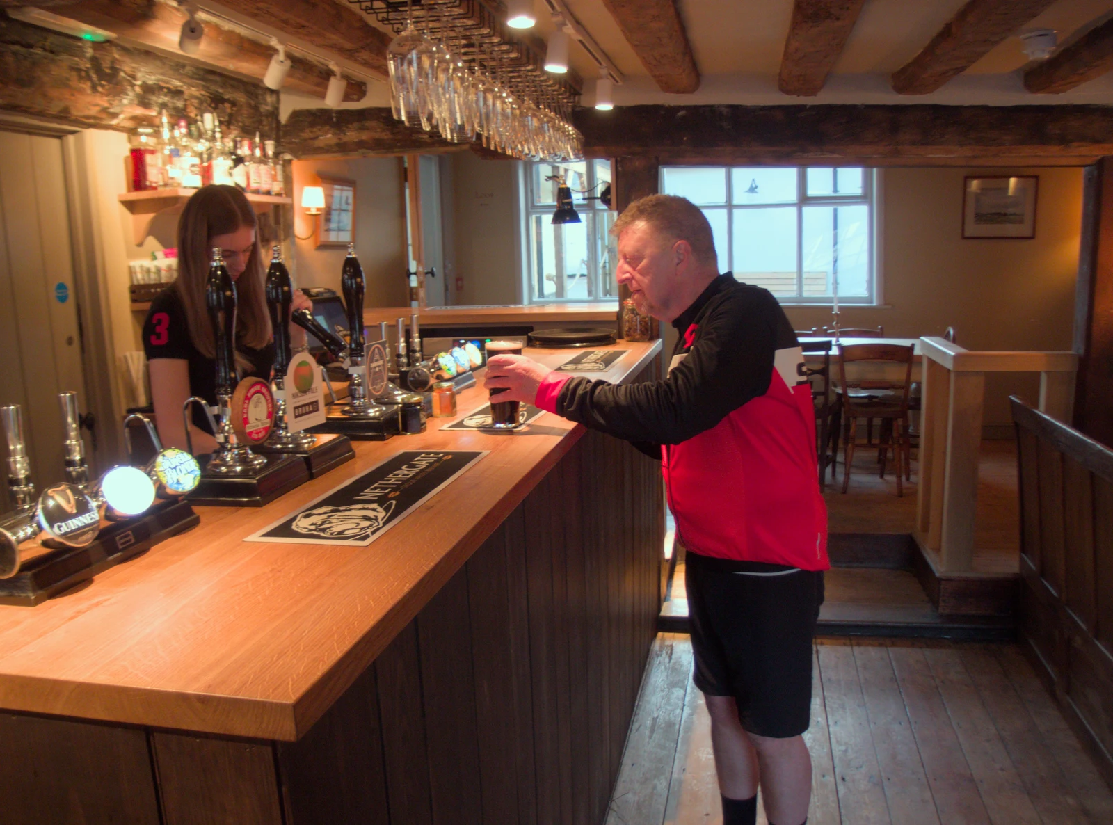 Gaz gets the first pint in at the Lion, from The BSCC at The Lion, Debenham, Suffolk - 2nd May 2024