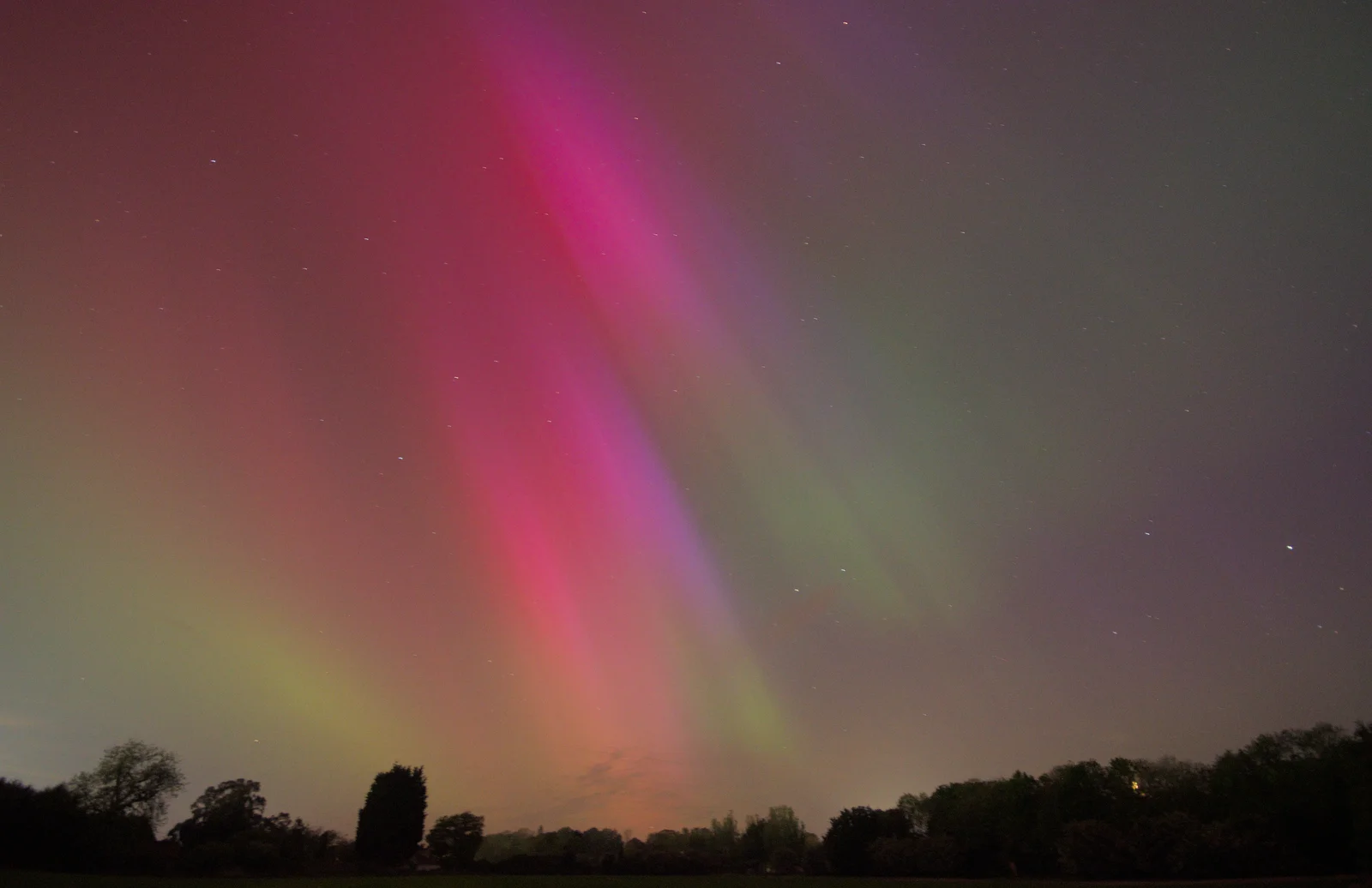 Bright pinks and greens over the side field, from The Northern Lights and a Pool Tournament, Brome, Suffolk - 10th May 2024