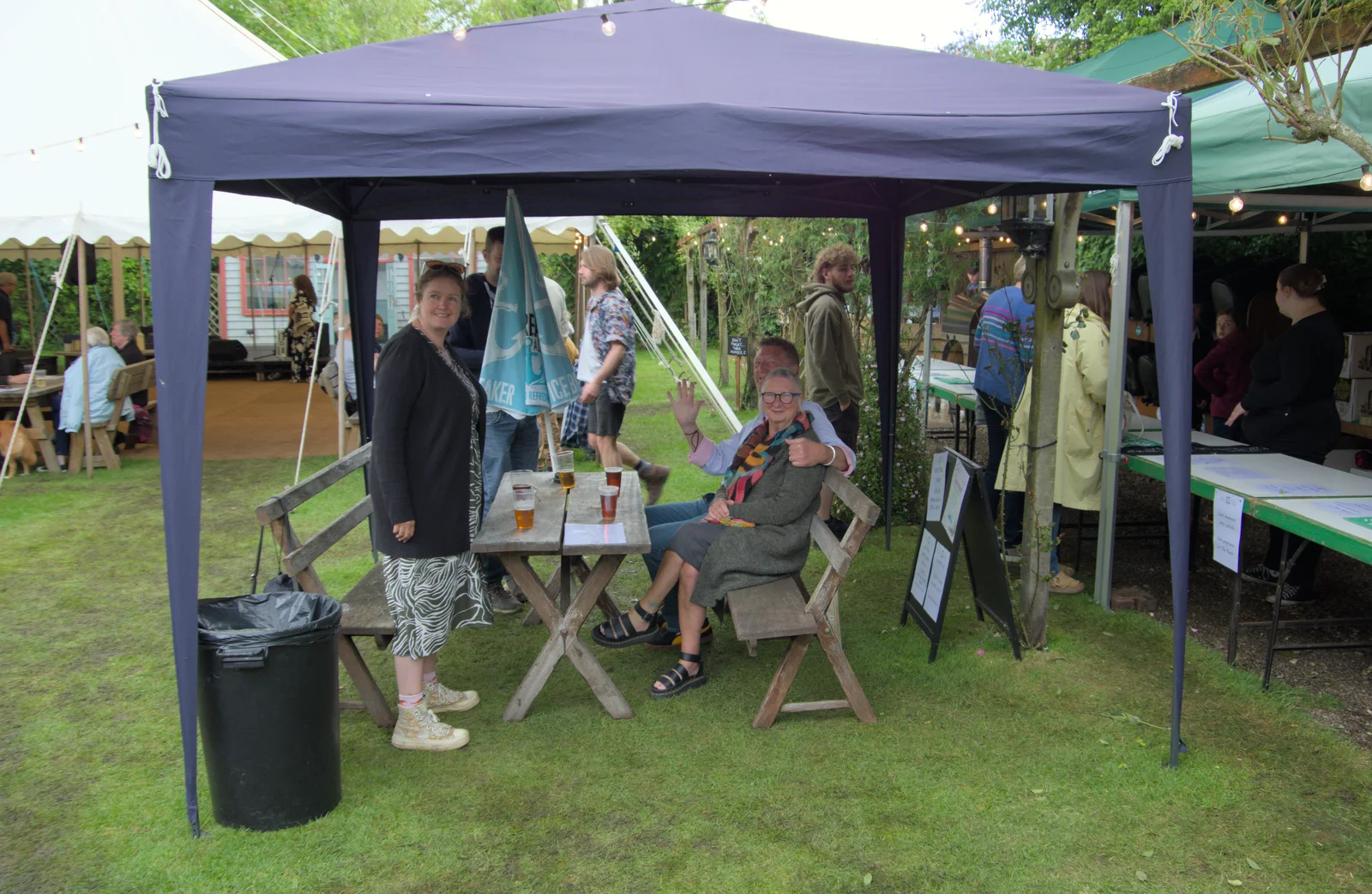 We shift our bench under a gazebo, from LowFest at the Low House, Laxfield, Suffolk - 26th May 2024