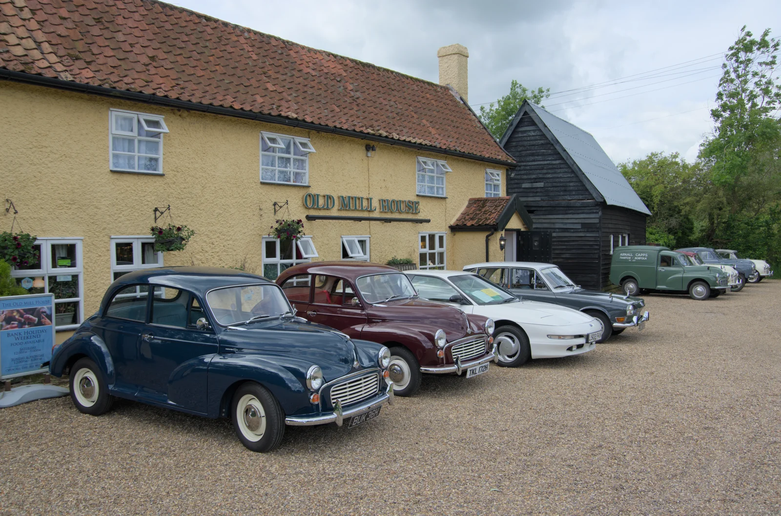 A line-up of classic cars at the Old Mill House, from Saxtead Mill, Framlingham Gala and Chips on the Beach, Aldeburgh - 27th May 2024