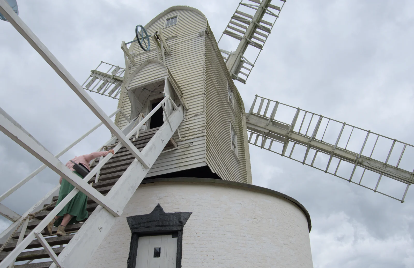 Isobel carefully climbs down the steps, from Saxtead Mill, Framlingham Gala and Chips on the Beach, Aldeburgh - 27th May 2024