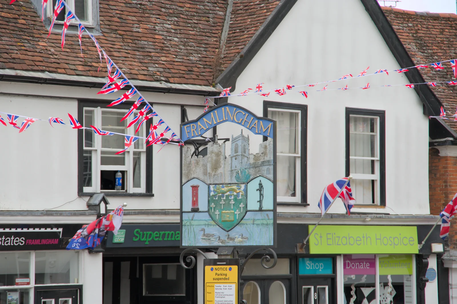 Framlingham's town sign is nicely bunted, from Saxtead Mill, Framlingham Gala and Chips on the Beach, Aldeburgh - 27th May 2024