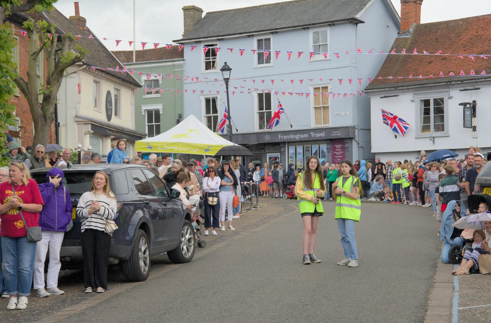 A couple of marshalls wait for the parade, from Saxtead Mill, Framlingham Gala and Chips on the Beach, Aldeburgh - 27th May 2024