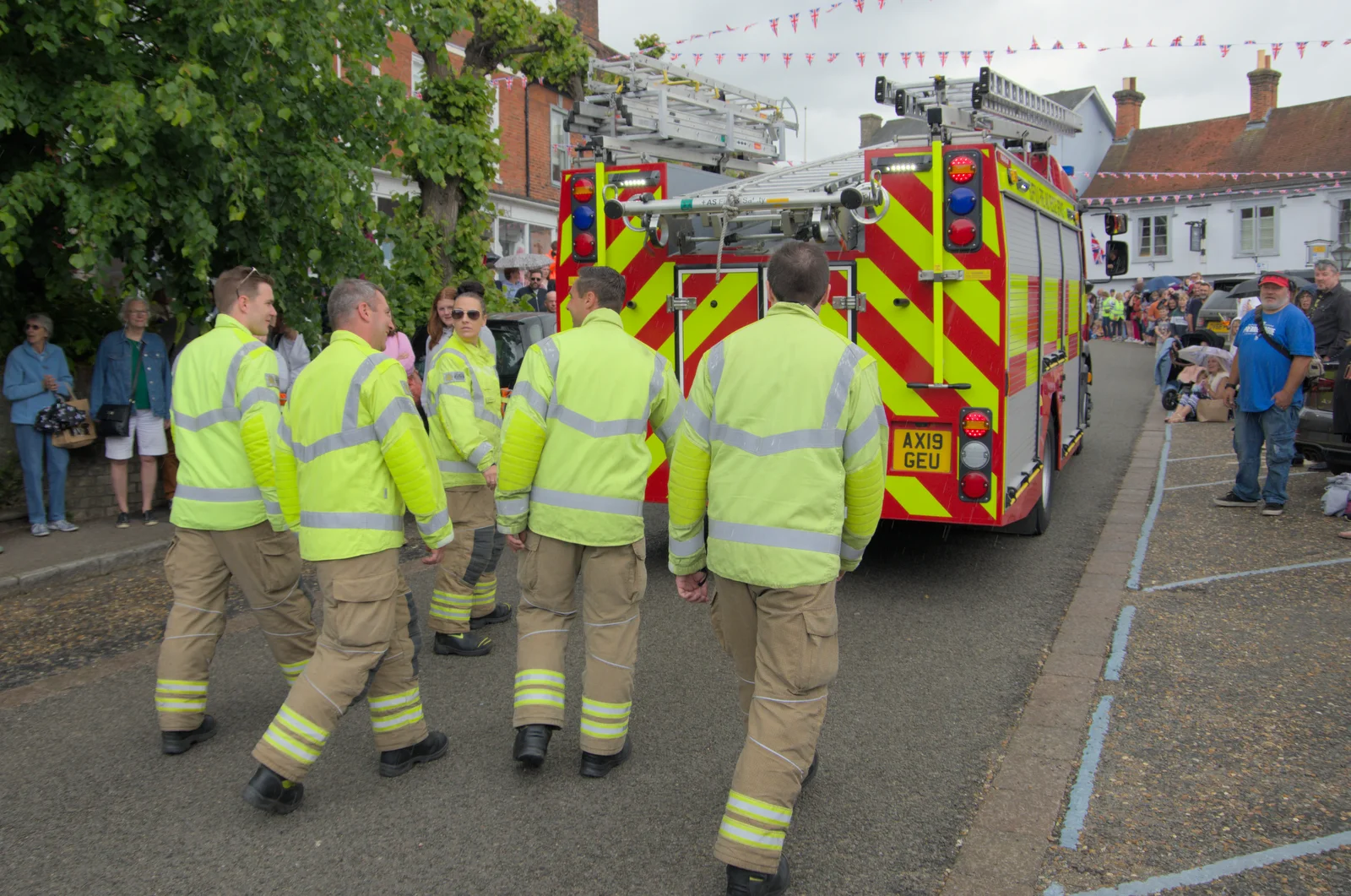 A fire engine leads the way, from Saxtead Mill, Framlingham Gala and Chips on the Beach, Aldeburgh - 27th May 2024