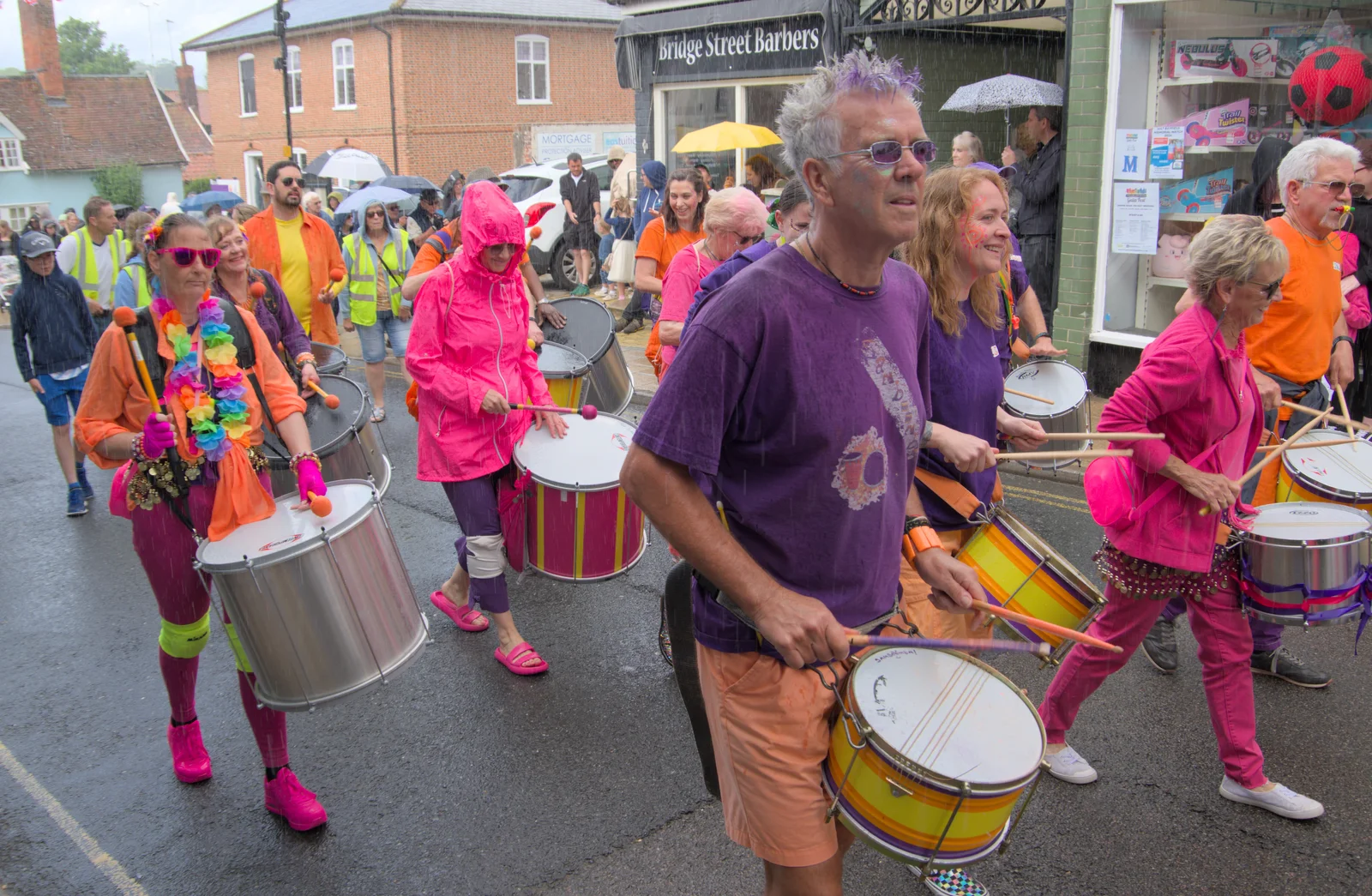 A samba band brings up the rear, from Saxtead Mill, Framlingham Gala and Chips on the Beach, Aldeburgh - 27th May 2024