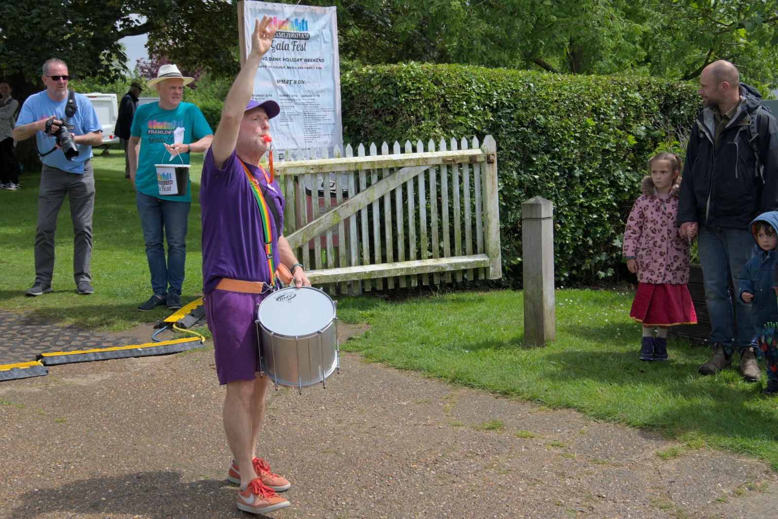 The samba leader pauses the band, from Saxtead Mill, Framlingham Gala and Chips on the Beach, Aldeburgh - 27th May 2024