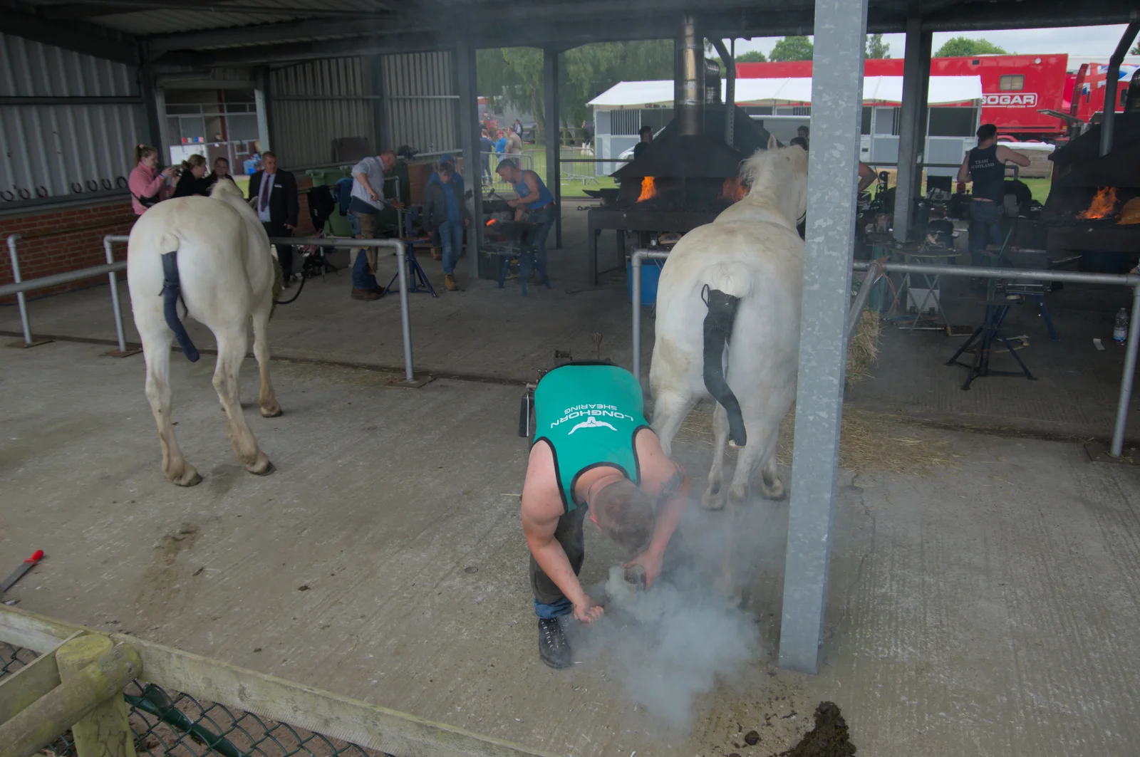 Smoke from a hoof as a hot horseshoe is applied, from Fred and the SYWO at the Suffolk Show, Trinity Park, Ipswich - 30th May 2024