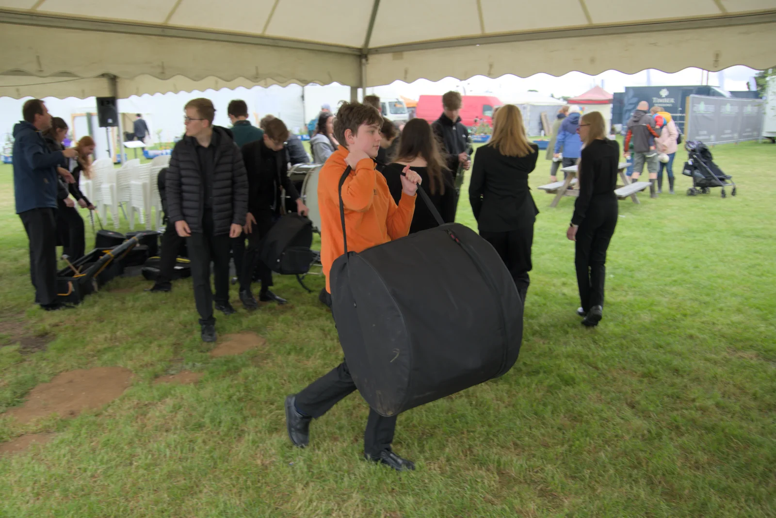 Fred hauls off a bass drum, from Fred and the SYWO at the Suffolk Show, Trinity Park, Ipswich - 30th May 2024