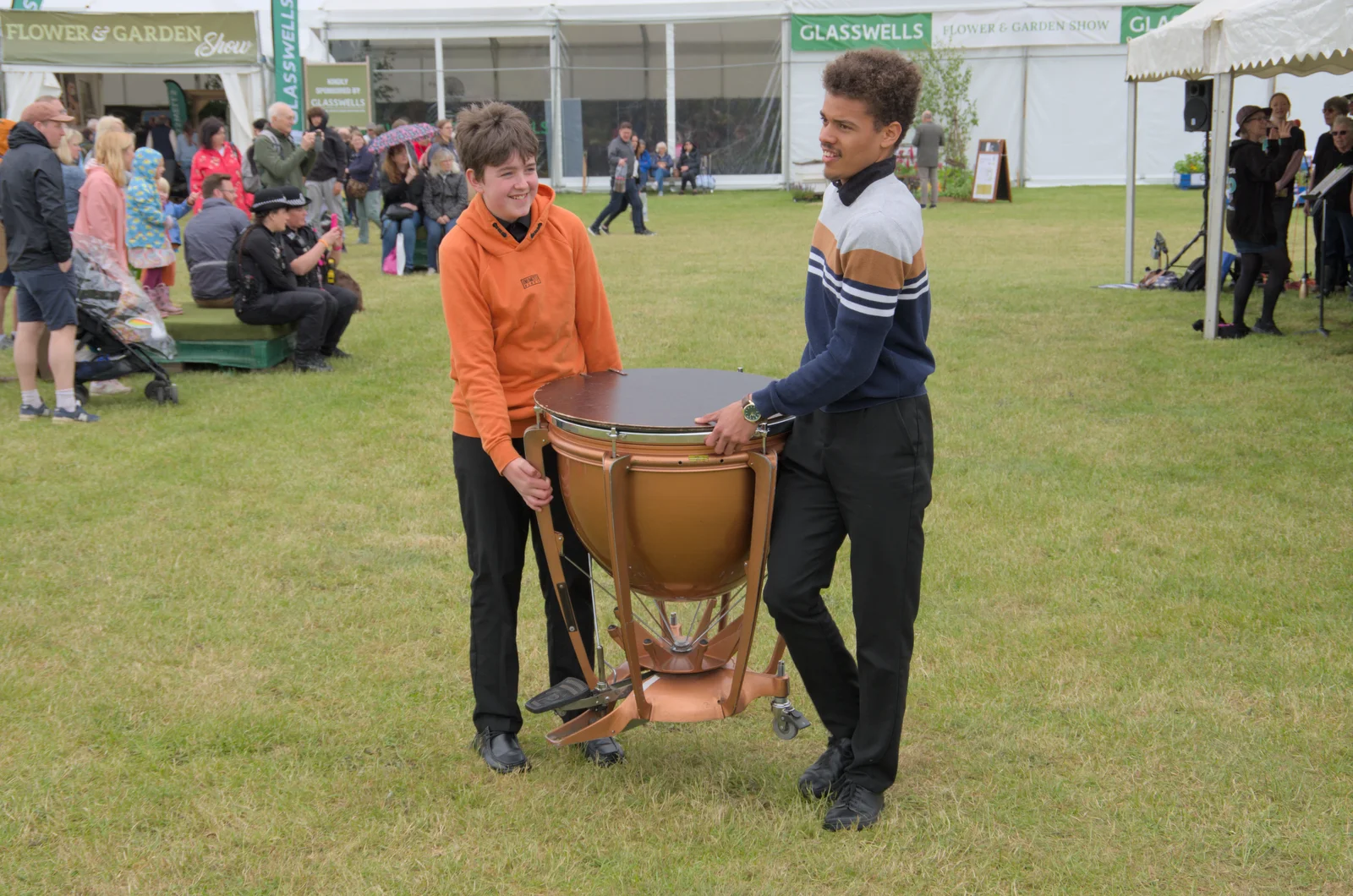 Fred's hauling a timpano around, from Fred and the SYWO at the Suffolk Show, Trinity Park, Ipswich - 30th May 2024