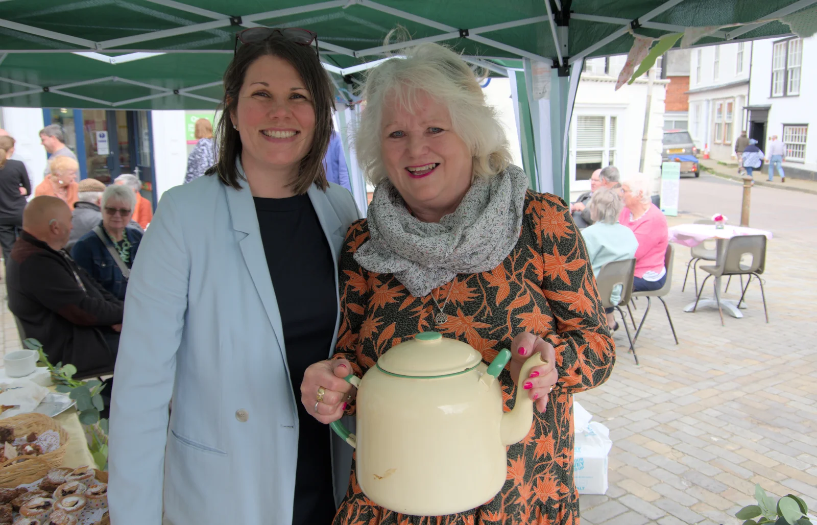 Posing with a giant teapot, from Ollie's 70th Birthday, The Handyman, Eye, Suffolk - 1st June 2024