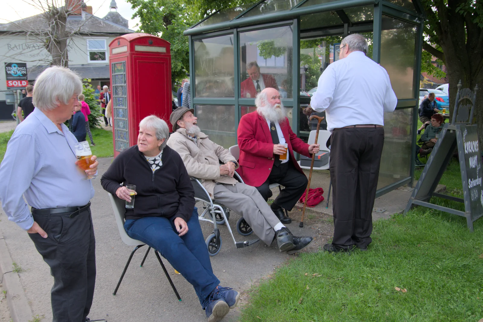 Ron and Adrian by the bus stop, from Sailing at the Lake, and the GSB at Mellis, Suffolk - 6th June 2024