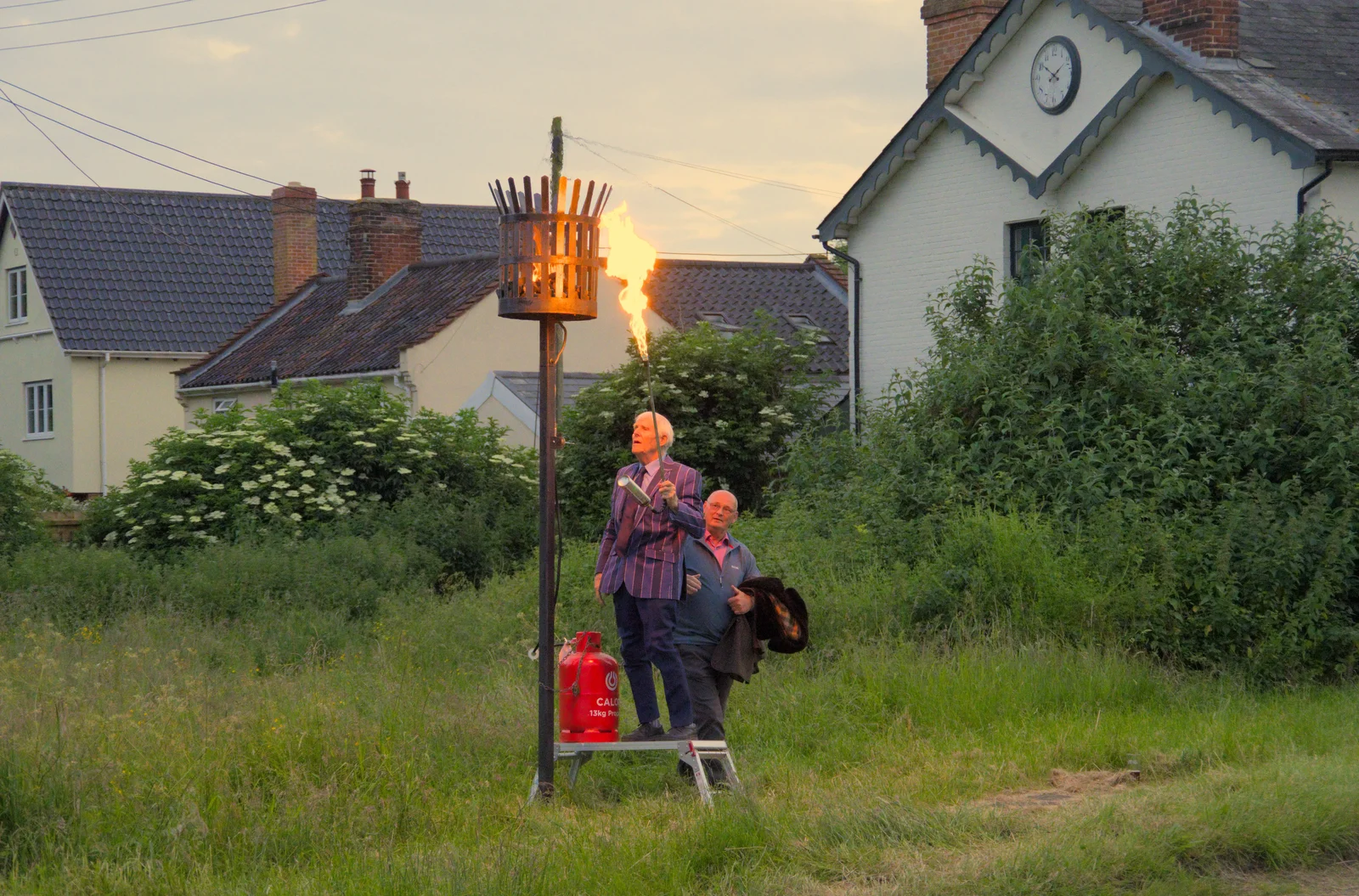 A flame-thrower lights up the beacon, from Sailing at the Lake, and the GSB at Mellis, Suffolk - 6th June 2024