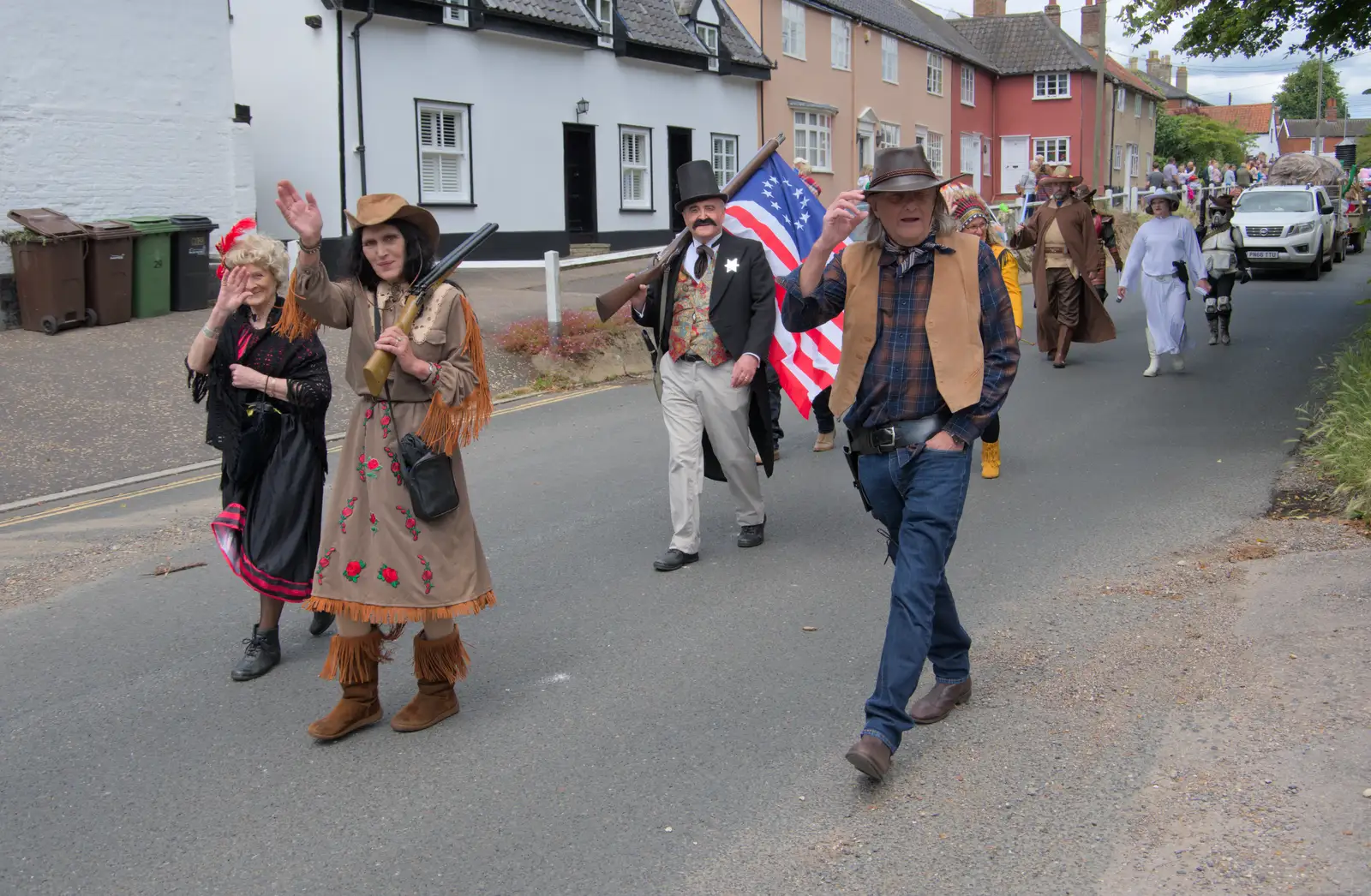 Frontier people, with the Betsy Ross flag of 1792, from The Carnival Procession, Diss, Norfolk - 16th June 2024