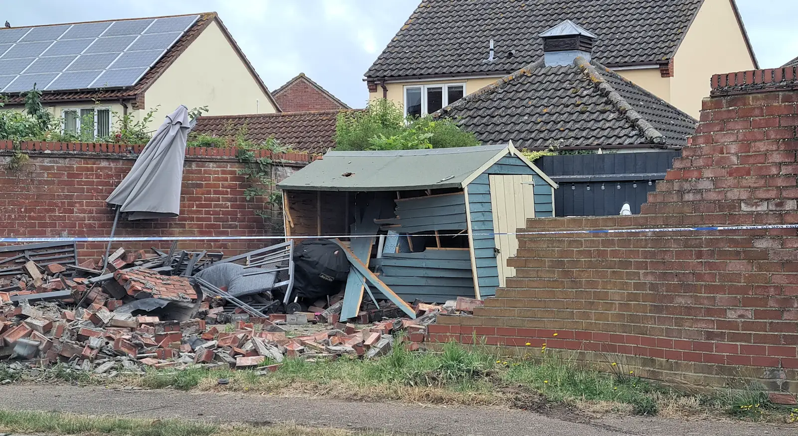 Someone's totalled the wall opposite Hartismere, from Eye Karate Kamp, Southwold Harbour, Suffolk - 6th July 2024