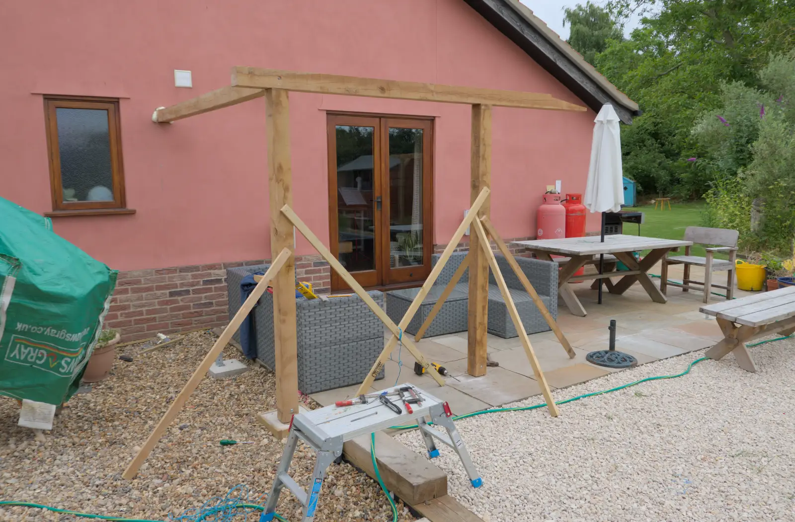 The patio awning project commences, from Eye Karate Kamp, Southwold Harbour, Suffolk - 6th July 2024