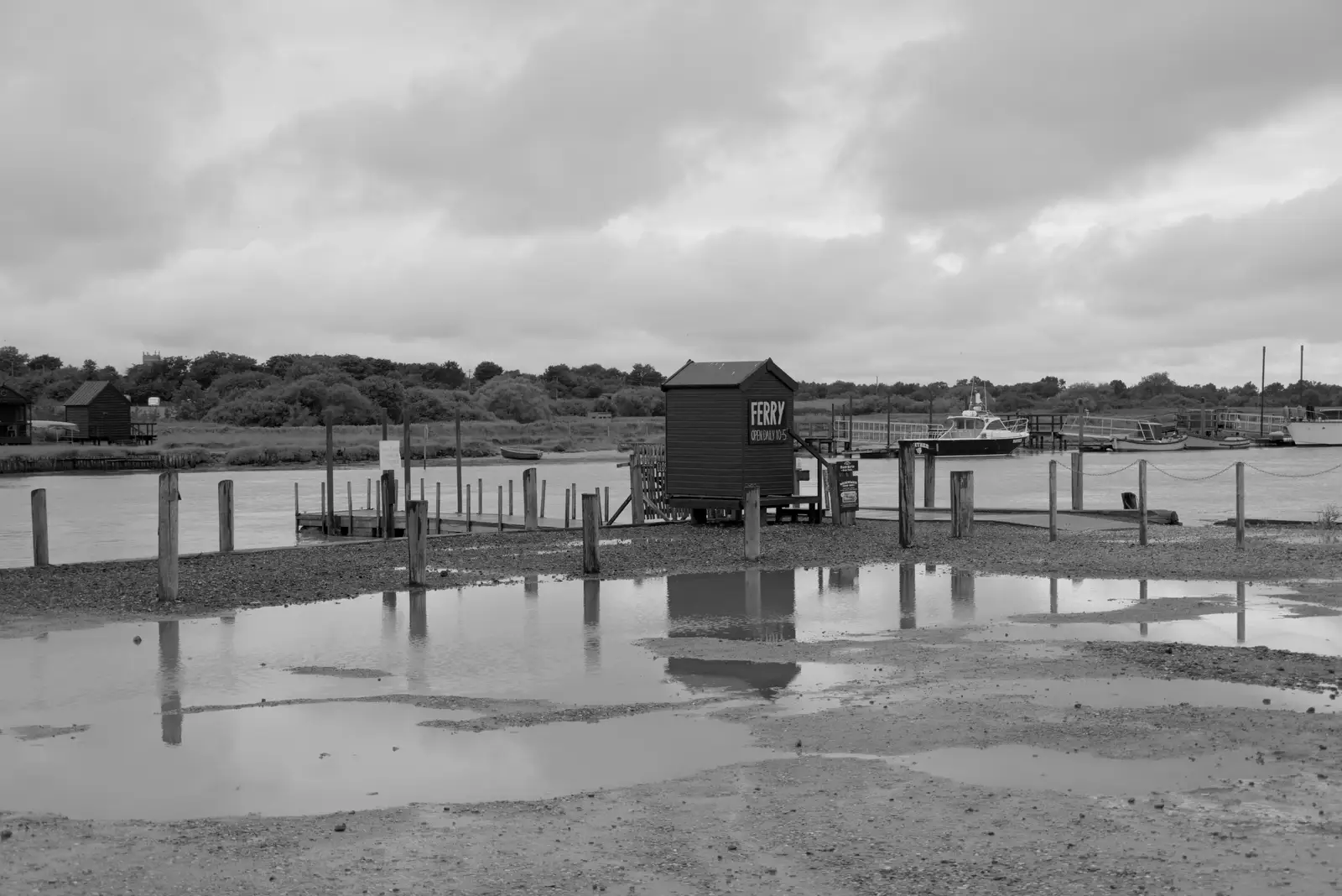 The ferry hut is surrounded by water, from Eye Karate Kamp, Southwold Harbour, Suffolk - 6th July 2024