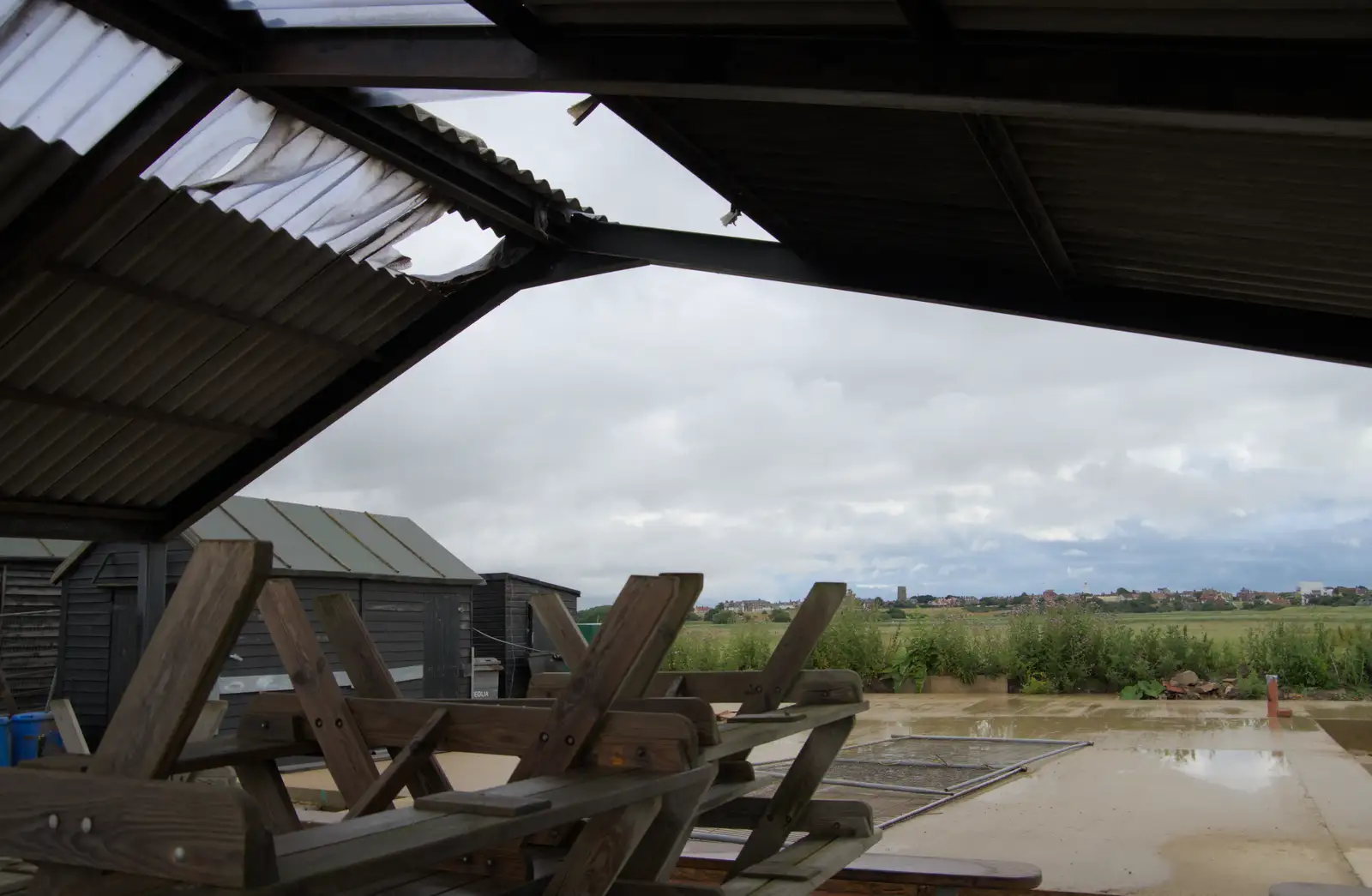 The melted roof of Mrs T's chip shop, from Eye Karate Kamp, Southwold Harbour, Suffolk - 6th July 2024