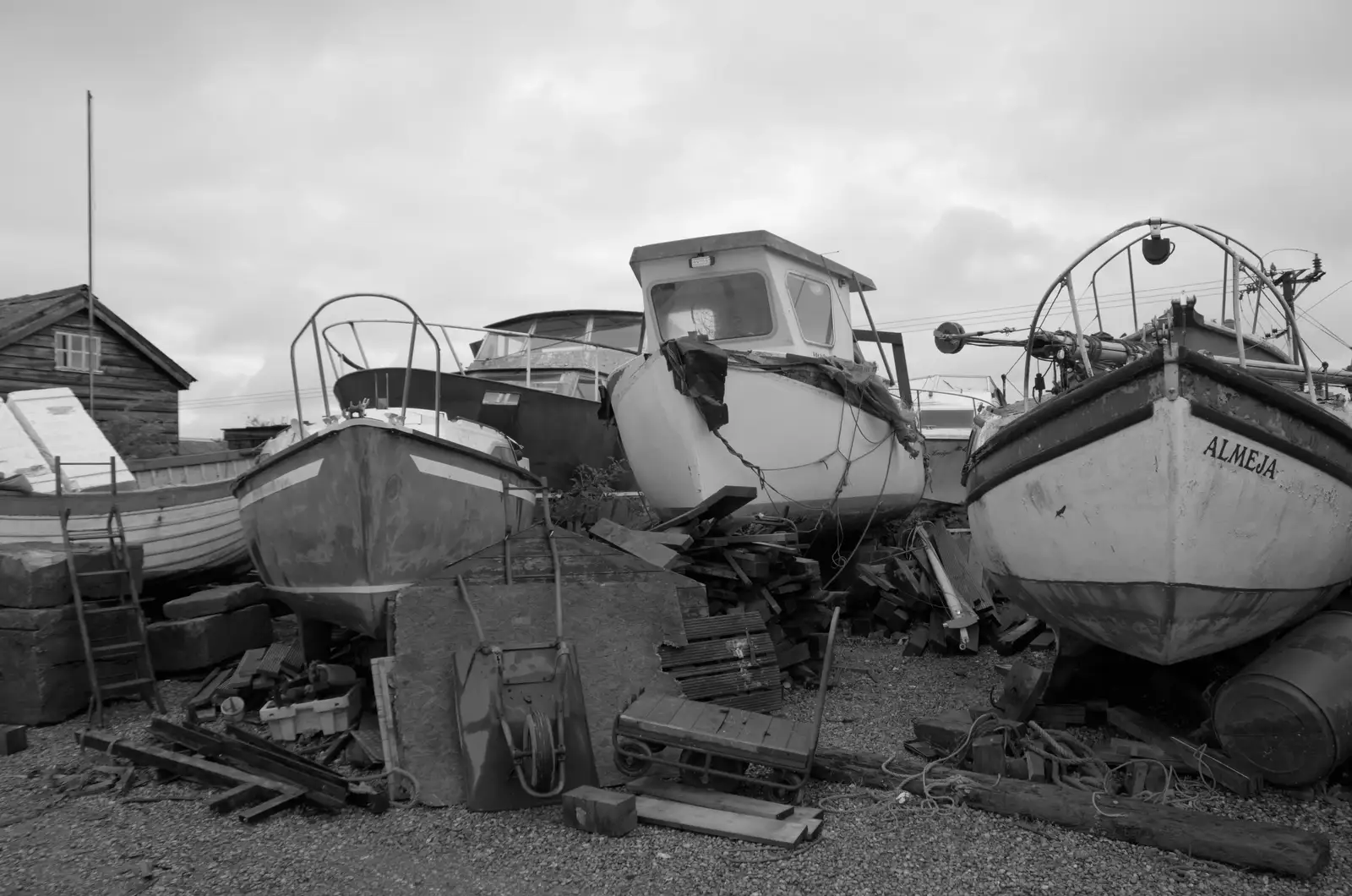 A pile of derelict fishing boats, from Eye Karate Kamp, Southwold Harbour, Suffolk - 6th July 2024