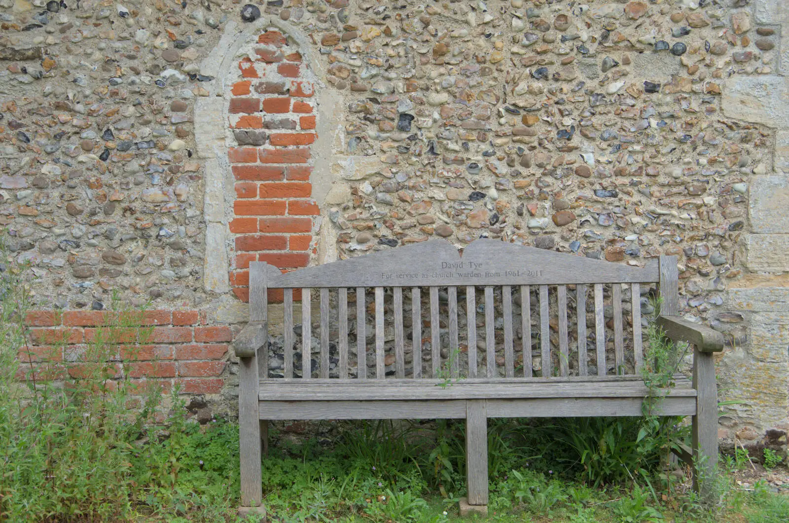 A bricked-up window and a memorial bench, from A Return to Bedfield and the Church of St. Nicholas, Suffolk - 11th July 2024