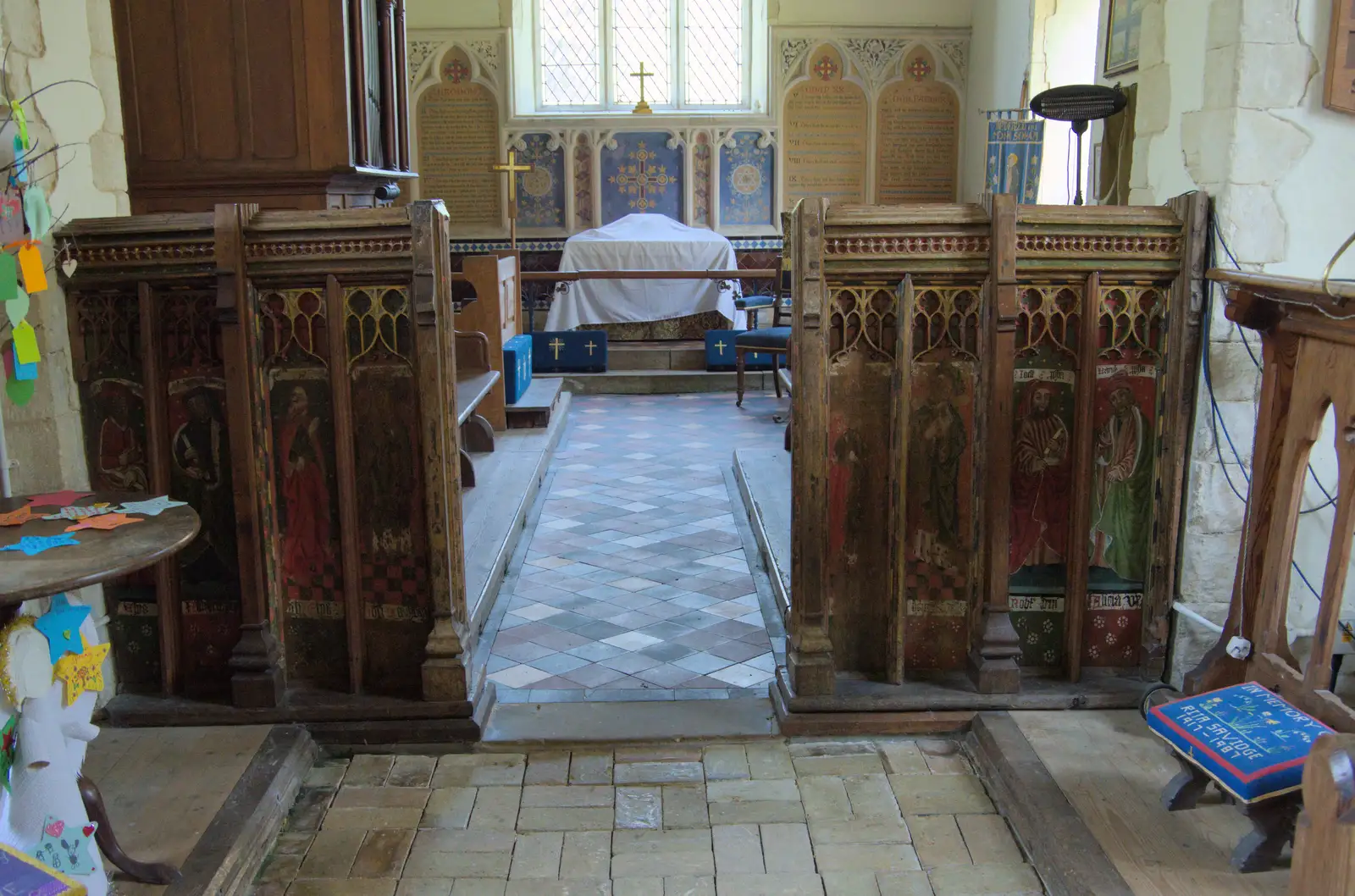 The red and green Mediaeval rood screen, from A Return to Bedfield and the Church of St. Nicholas, Suffolk - 11th July 2024